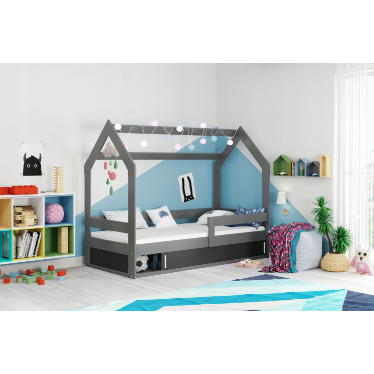 Detská posteľ Domček Sivá 80x160 s grafitová zásuvkou